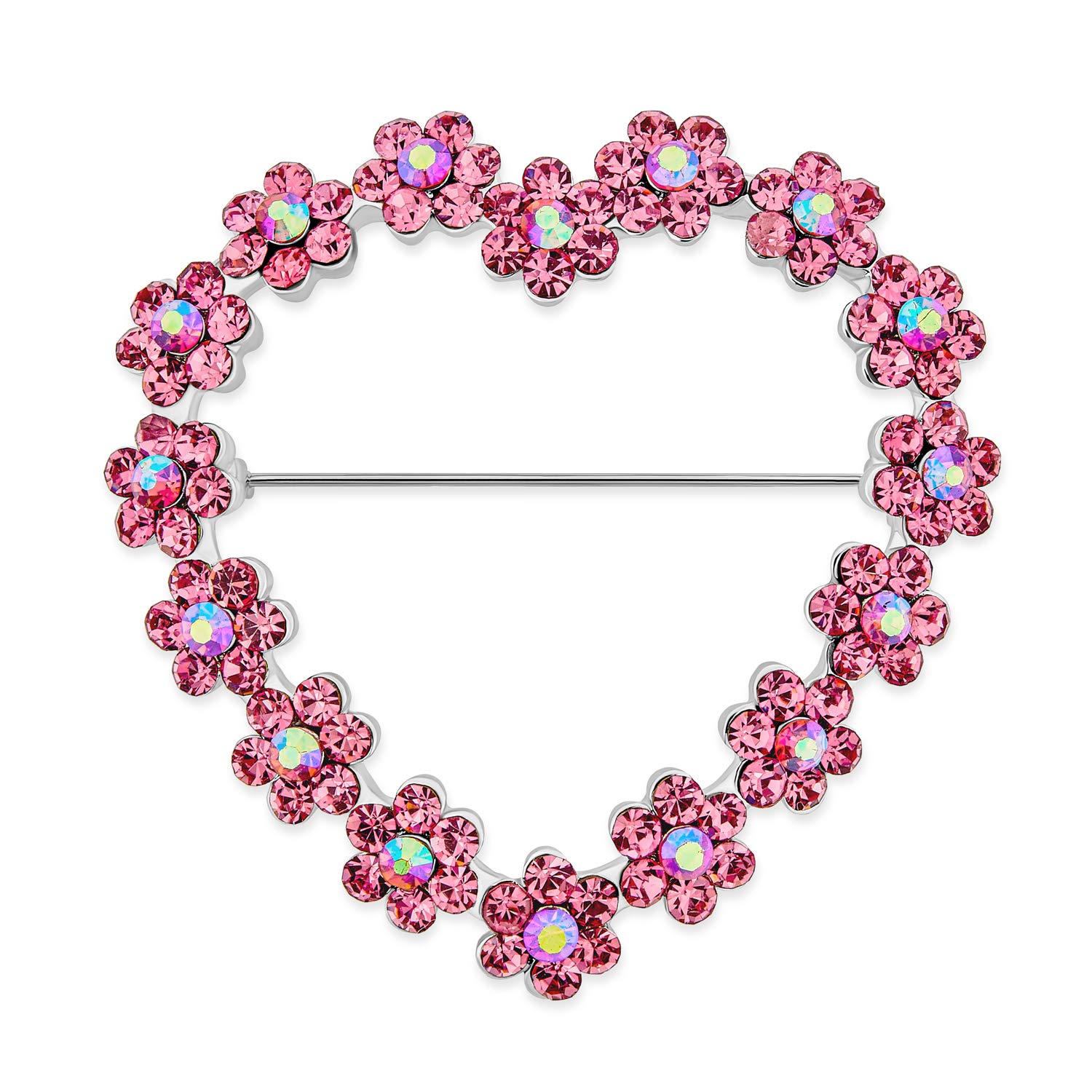 Romantic Wedding Holiday Pink Glittering Crystal Bridal Fashion Large Statement Open Heart Shaped Flower Brooch Pin For Women Rhodium Plated Alloy