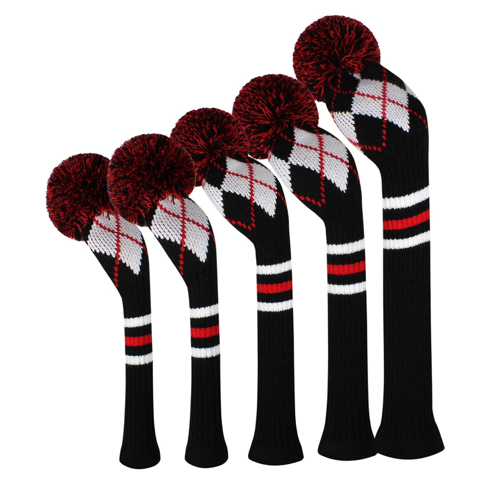 Golf Head Covers for Woods 5 PCS Knit Golf Club Cover Driver Cover*1 Fairway Wood*2 Hybrid (UT)*2 Stain Resistant&Washable, with Fluffy Pom Poms (Black White Red Argyle)