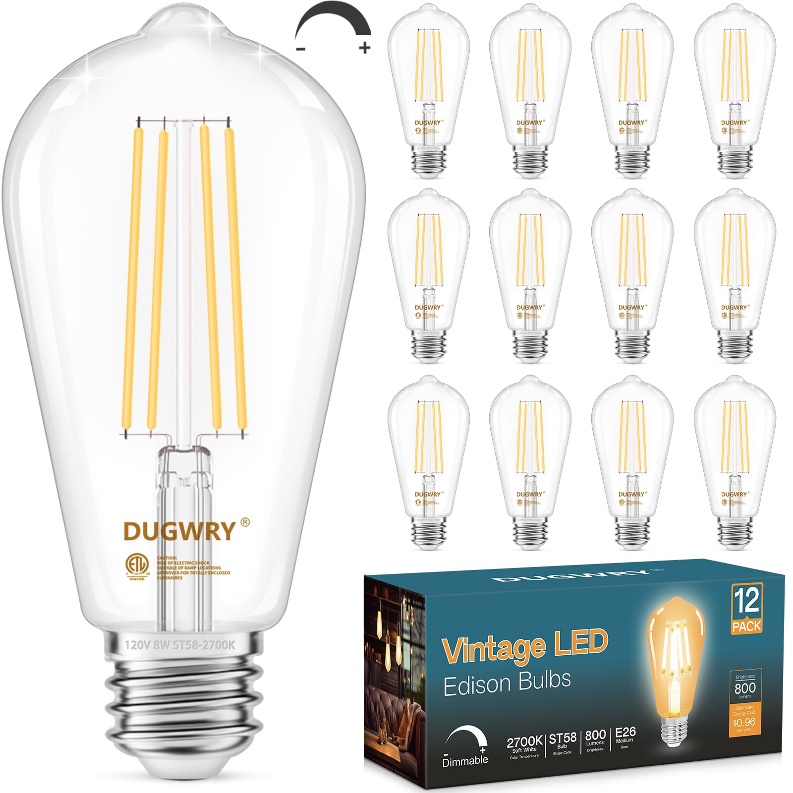 Photo 1 of DUGWRY 12-Pack Vintage 8W ST58 LED Edison Bulbs 60W Equivalent, Dimmable 2700K Warm White LED Filament Bulbs, E26 Medium Base, 800LM, CRI 85, Antique Glass Style, Great for Home, Bedroom, Office
