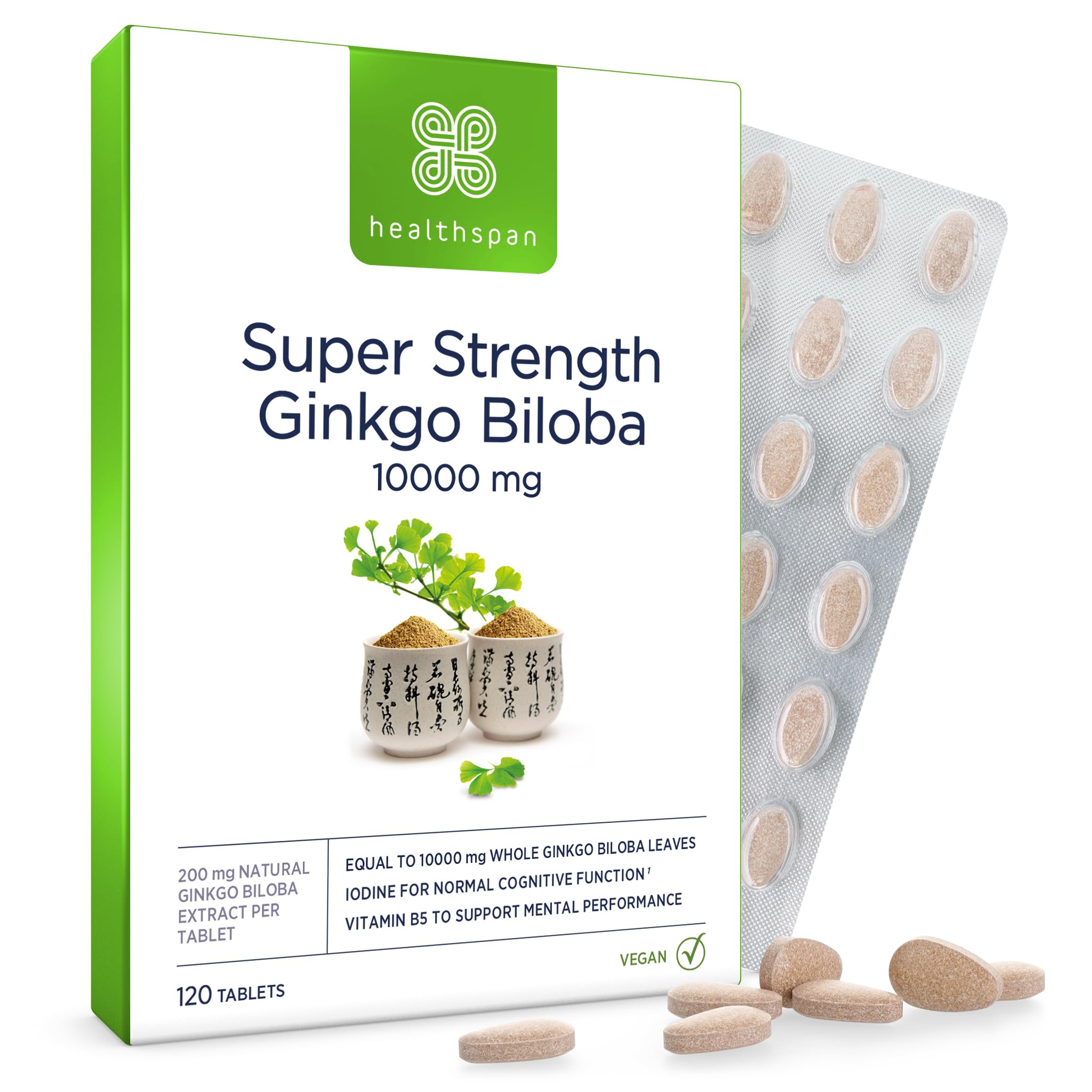 Healthspan Ginkgo Biloba Cognitive Support (10,000mg) | 120 Tablets | Maximum Strength Ginkgo Extract | Mental Function | Added Iodine & Vitamin B5 | Supports Energy | Vegan