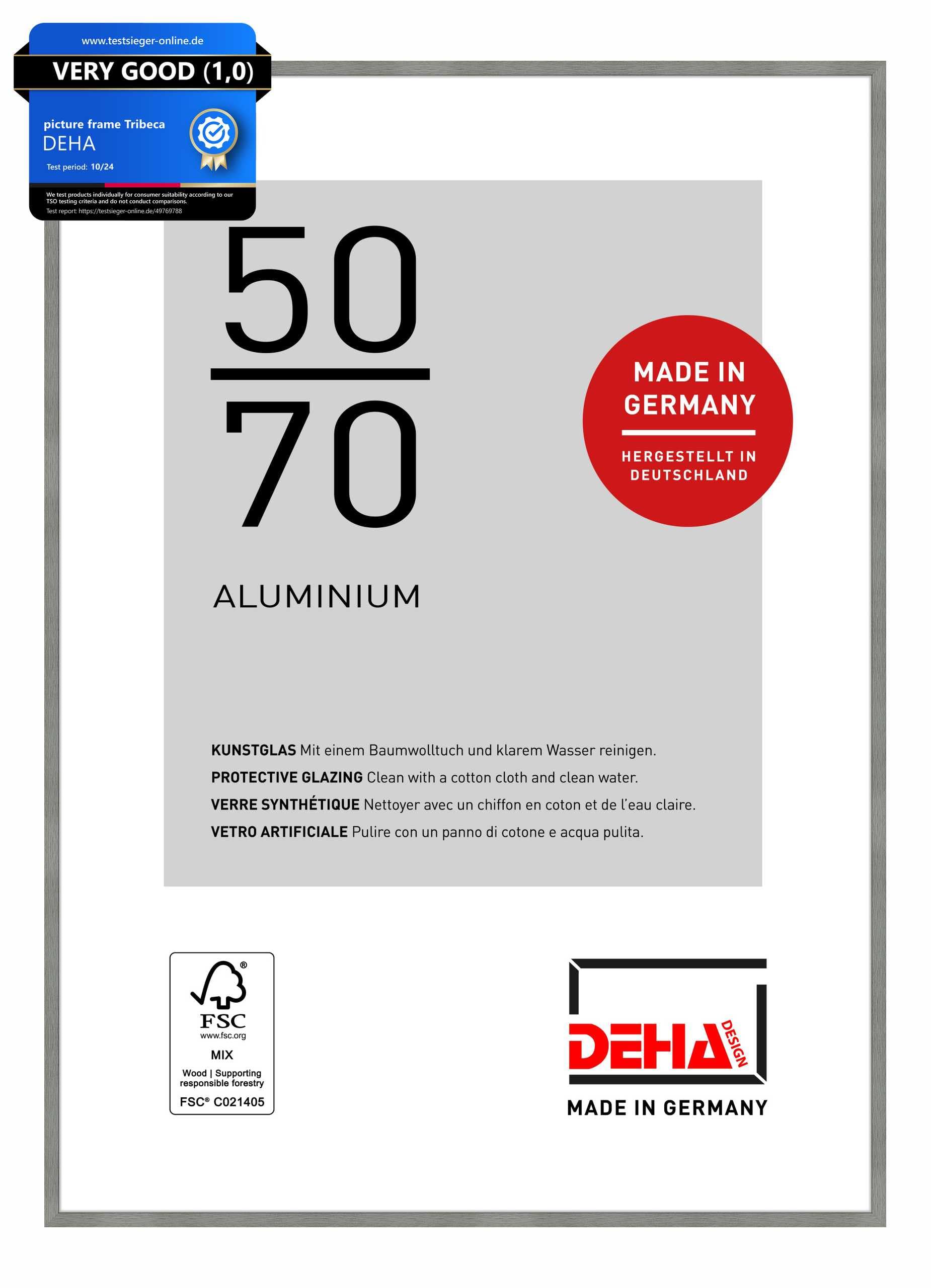 DEHA Design Tribeca Aluminium Picture Frame - 50x70 cm – Brushed Grey - with Synthetic Glass and Push/Turn Clips