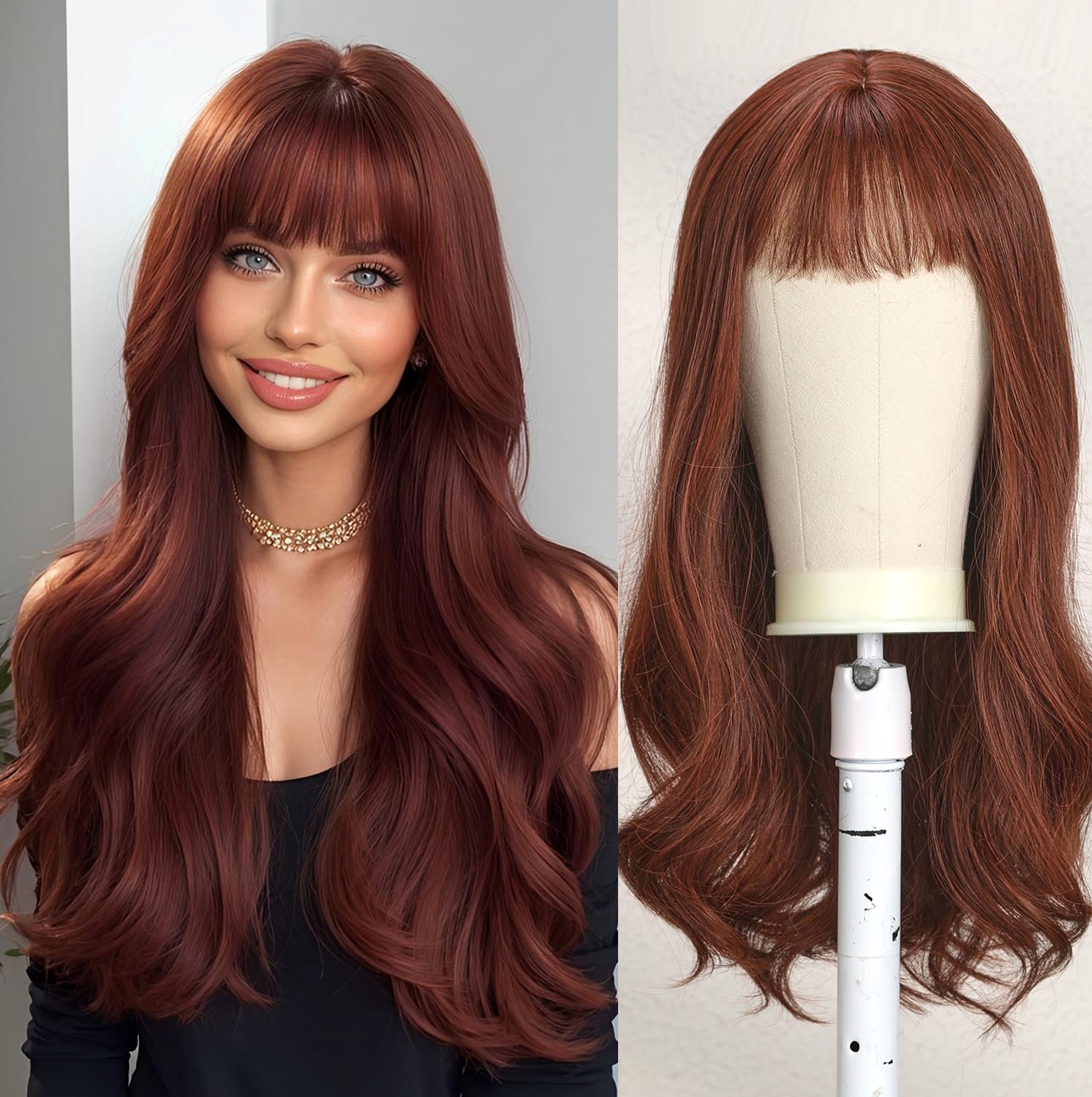 Esmee 24 Inches Long Wavy Burgundy Wigs for Women Natural Synthetic Hair Heat Resistant Wigs with Bangs for Daily Party Cosplay Use (Wine Red)