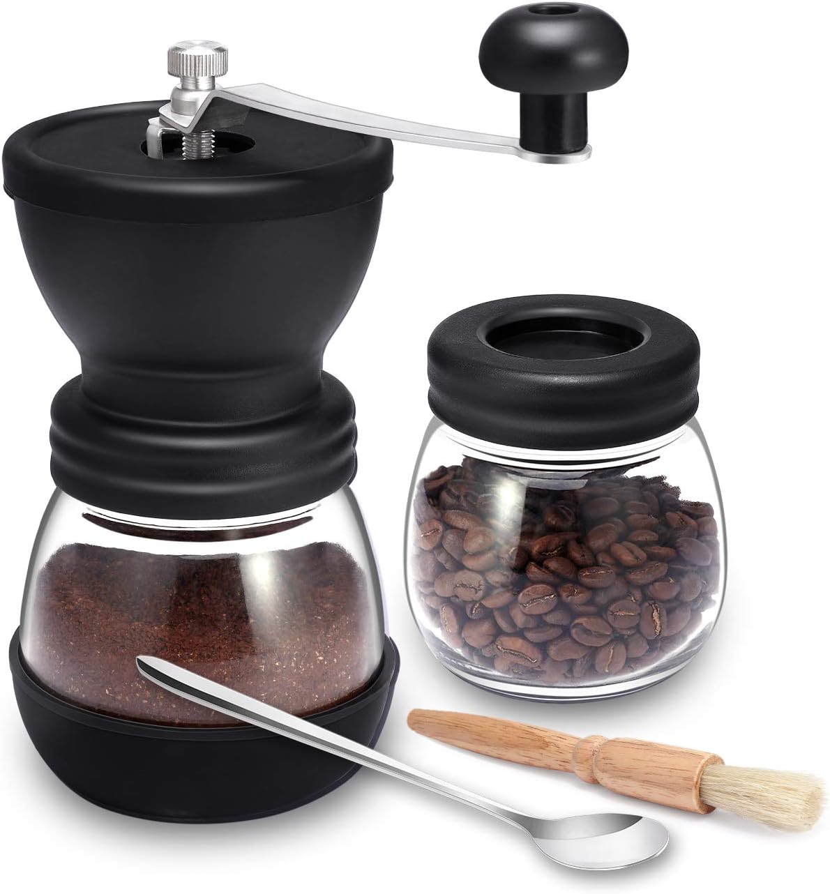 Manual Coffee Mill Grinder with Ceramic Burrs, Two Clear Glass Jars, Stainless Steel Handle and Silicon Cover