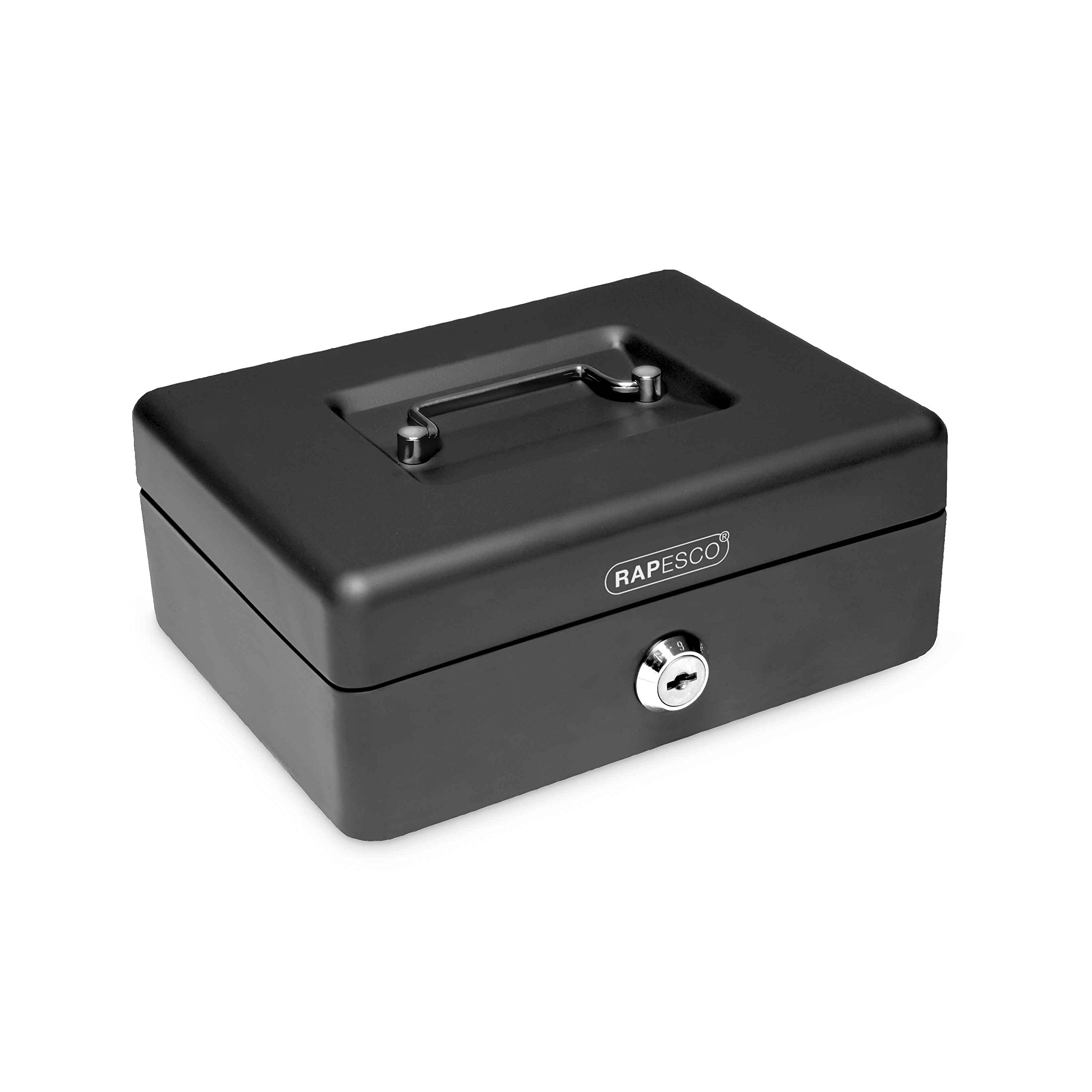 Rapesco SB0006B1 Metal Cash Box with Lock, 3 Keys and Removable Tray, Size 6", Black