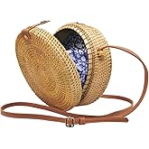 Handwoven Round Rattan Bag for Women Bali Ata Straw Bags Adjustable Shoulder Leather Straps