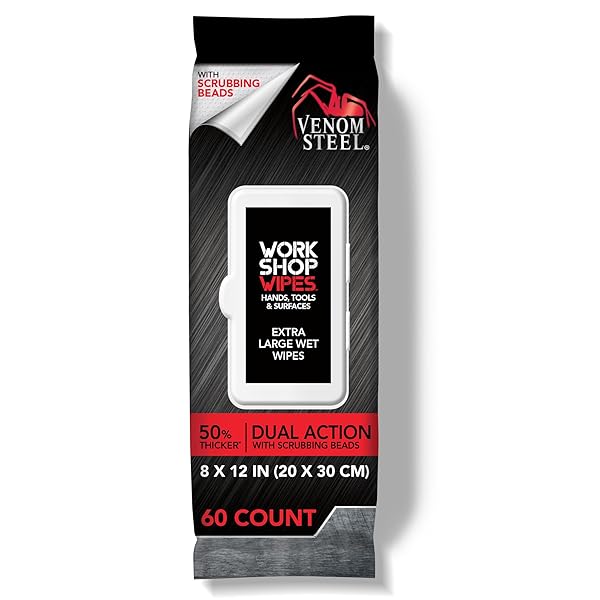 VENOM STEEL WORKSHOP WIPES WITH SCRUBBING BEADS, FOR GREASE, GRIME, OIL, PAINT & CAULK, SAFE ON HANDS, TOOLS, NON POROUS SURFACES & STAINLESS STEEL – LIGHT CITRUS SCENT, 8″ X 12″ CLOTHS, 240 WIPES