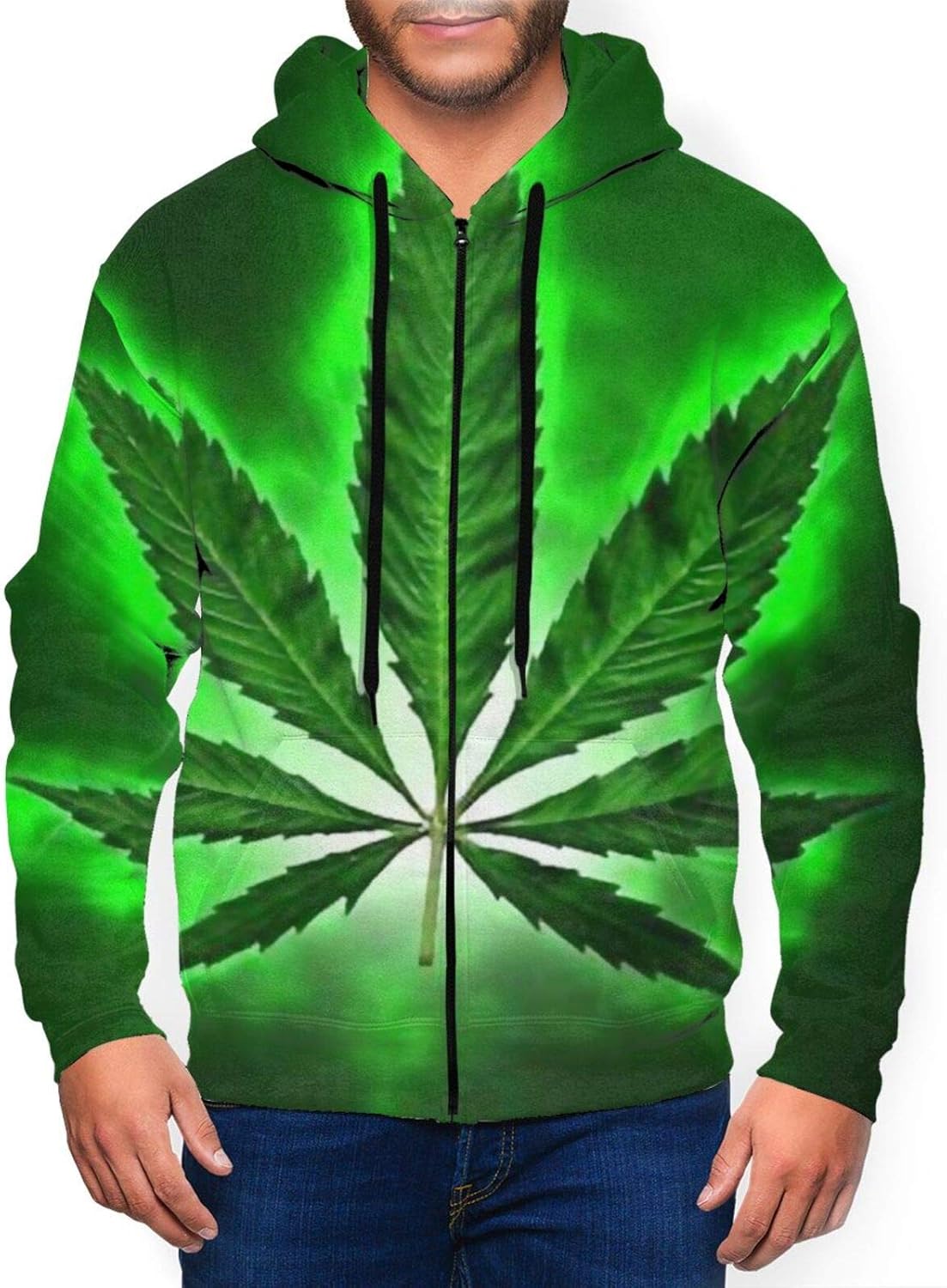 Green Cannabis Weed FullZip Sweatshirt Hoodie for Men 3D Graphic Funny