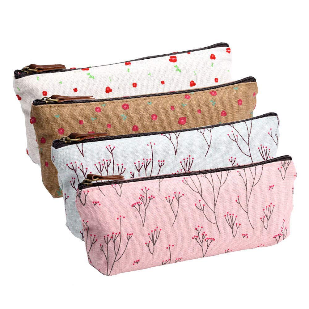 MINGZE 4pcs Pencil Holder, Canvas Pen Pencil Case, Stationery Pouch Cosmetic Bags Fresh Floral Pattern(Flower)