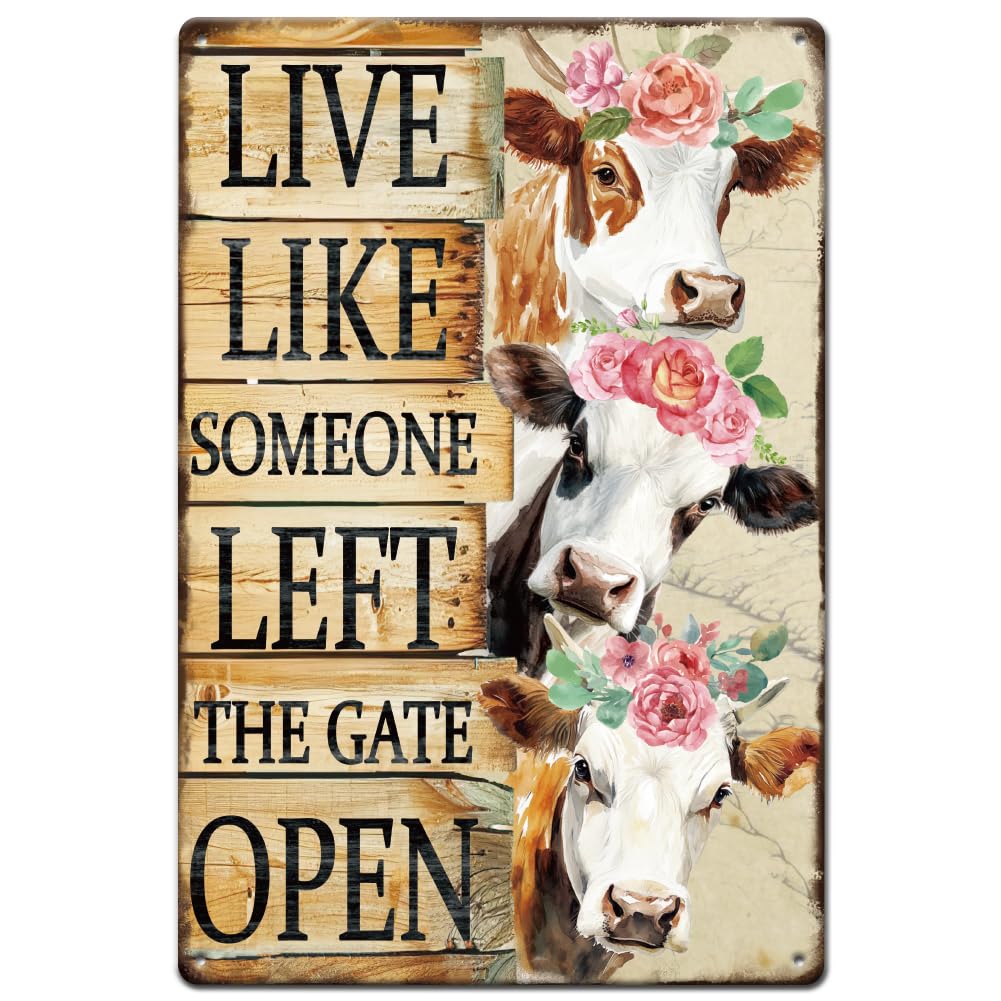 SUPERDANT Cow Head Metal Signs Cow with Flowers Tin Signs Funny Farm Tin Signs Live Like Someone Left The Gate Open Kitchen Funny Metal Sign for Man Cave Wall Decor