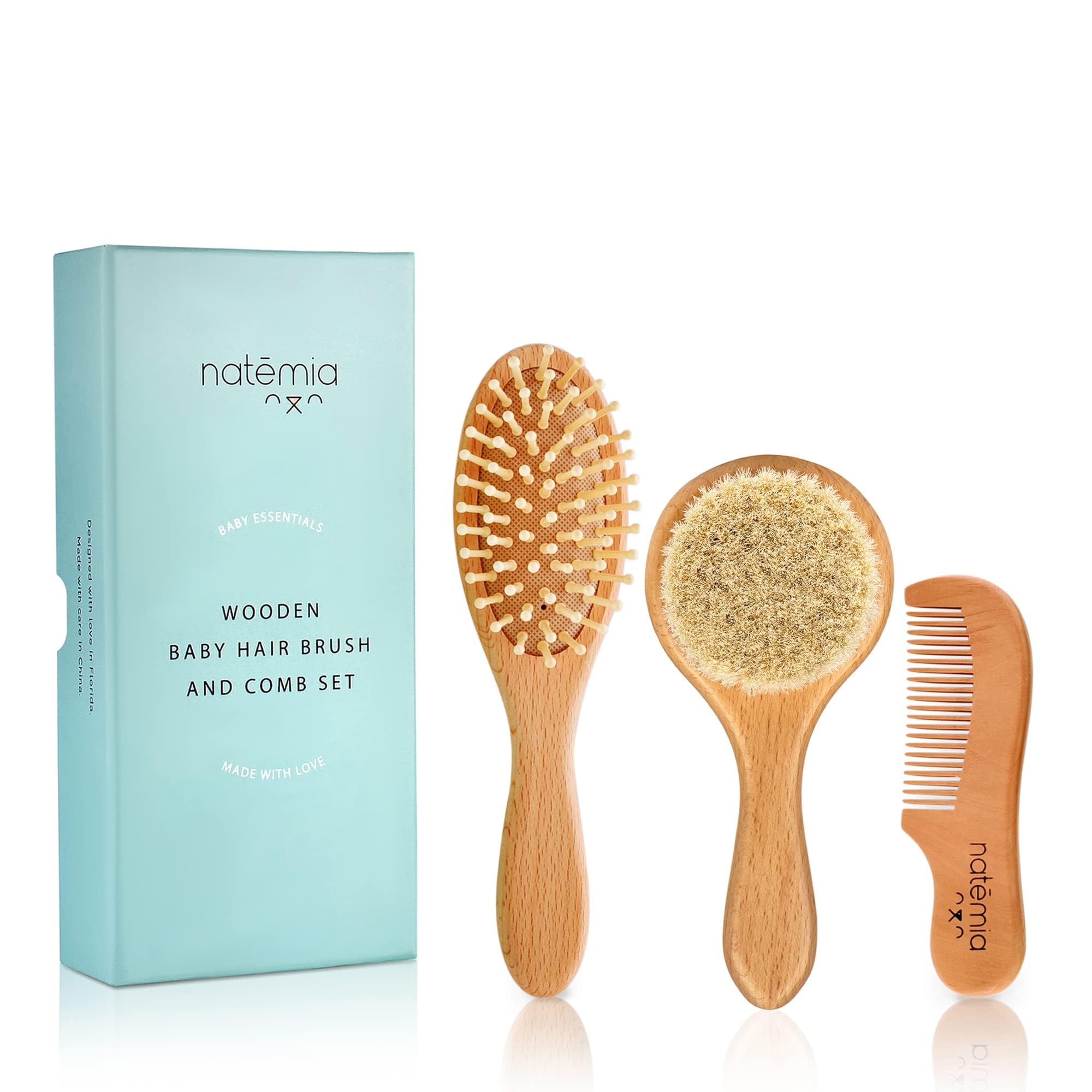 Photo 1 of Natemia Baby Hair Brush and Comb Set - Wooden Soft Bristle Brush, Cradle Cap Brush for Newborns and Toddlers