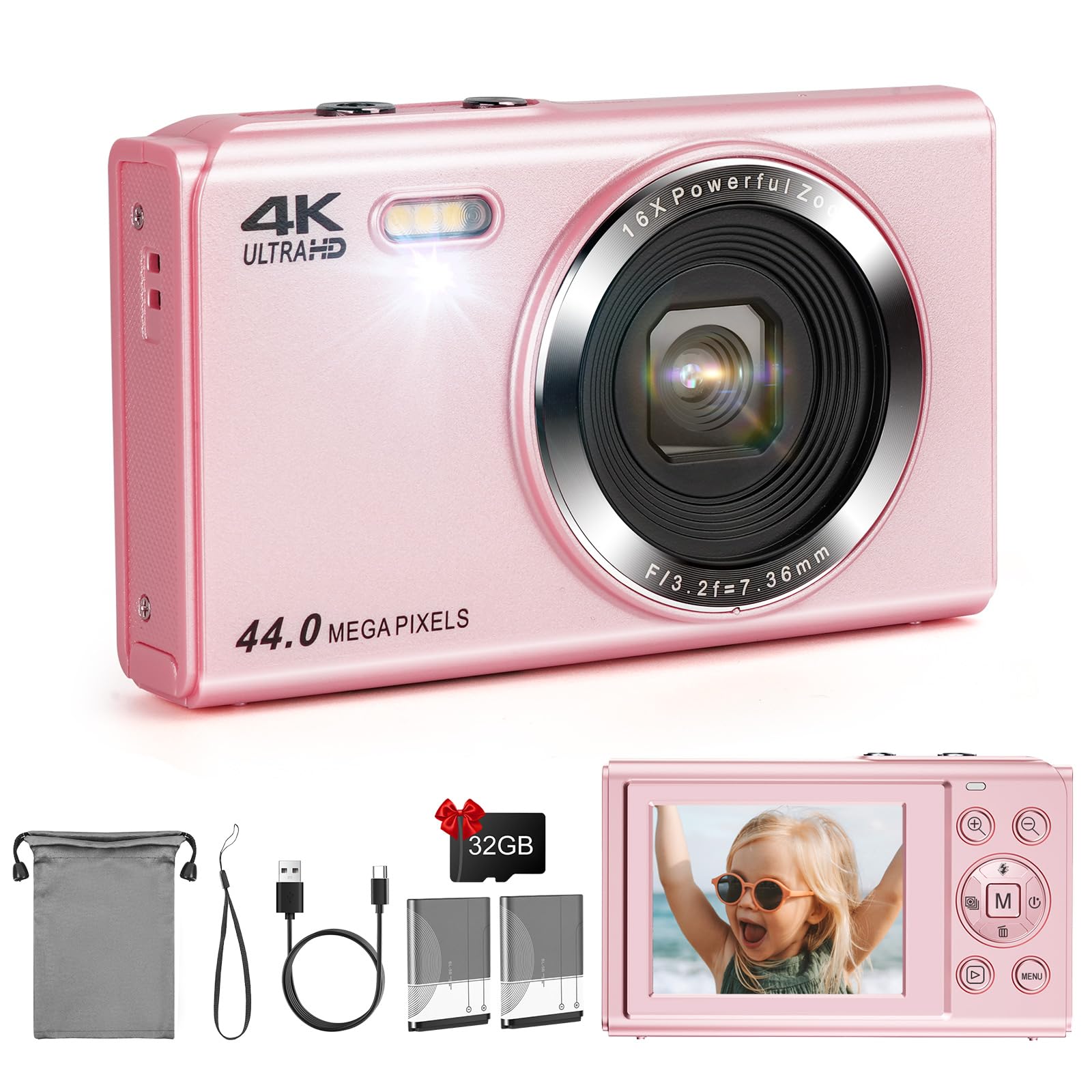 Soppy FHD 1080P Vlog Camera with 32G Card, 2.4" LCD, 16X Digital Zoom, Kids-Friendly, Pink