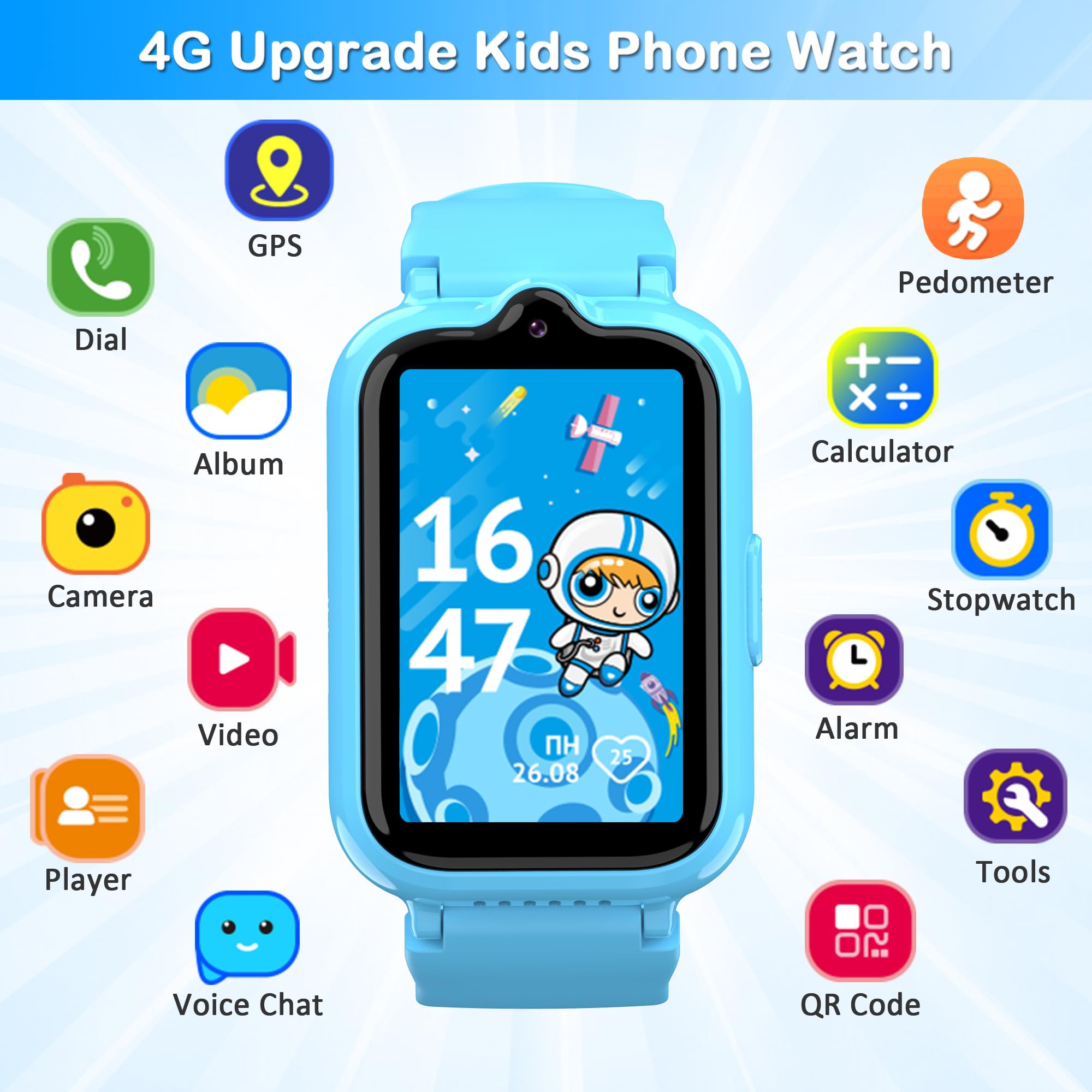 4G Kids Cell Phone Watch with GPS Tracker & Video Calling Smartwatch for Boys Age 5-12, SOS Call Voice Chat Camera Alarm Clock HD Touch Screen Smart Watch Gifts Toys for Kids