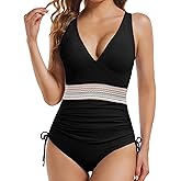 Buauty Women's One Piece Swimsuits Tummy Control Bathing Suits for Womens Color Block Drawstring Slimming Swimwear
