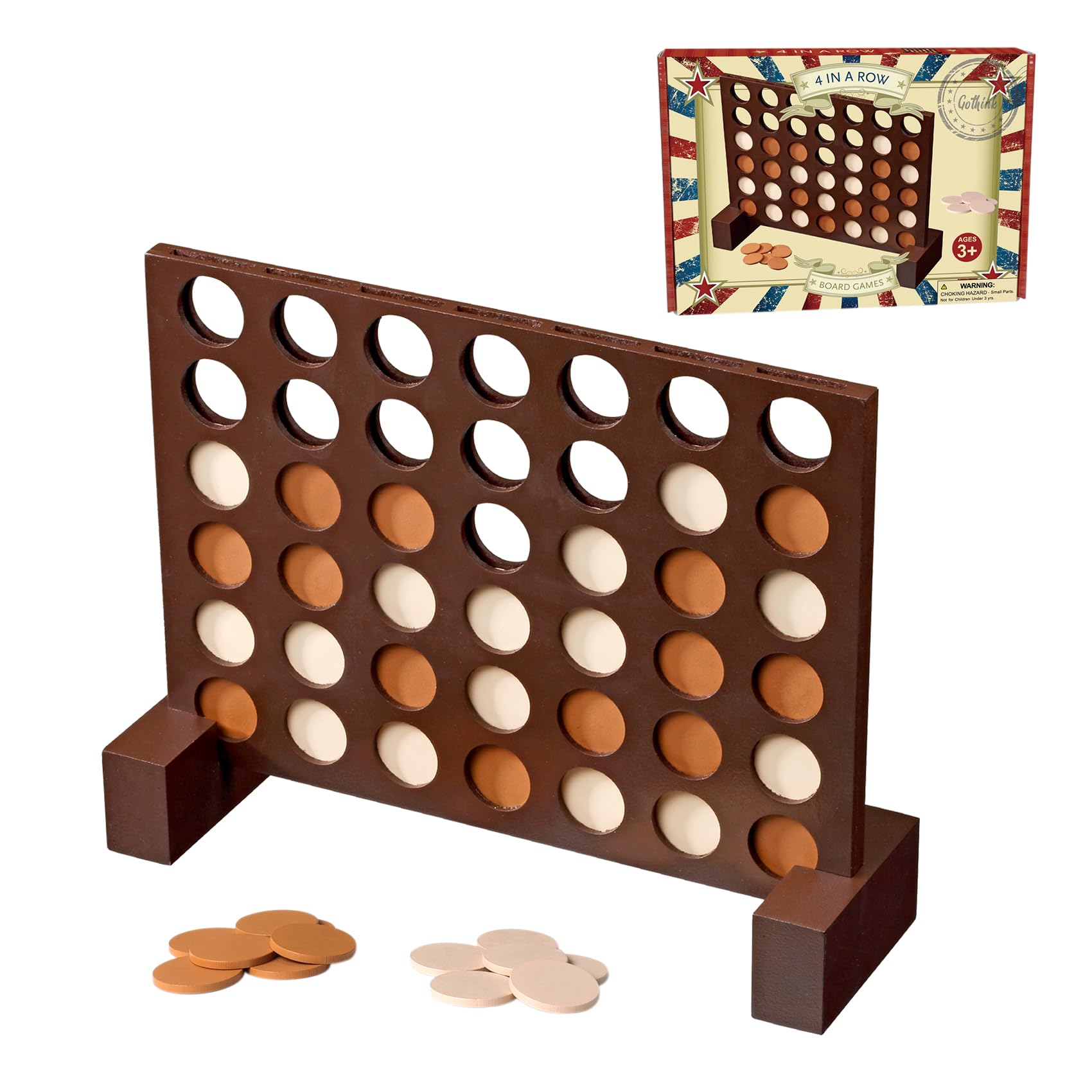 Photo 1 of GOTHINK Wooden 4 in a Row Game, Classic Strategy Game for Kids and Adults, Connect The 4 Discs of Same Colour in a Row Perfect for Family Picnics, Camping, Great Travel Game and Gift for All Ages