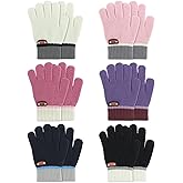 6 Pairs of Kids Gloves Knitted Wool Winter Gloves Children Full Fingers Stretchy Warm Mittens for Boys Girls (Black/Navy/Purple/Pink/Light Pink/White,5-12 Years)