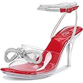 NBUUNBU Clear Heels With Rhinestone Bow Strappy Sandals For Women Ankle Strap Butterfly Transparent Platform High Heel Sexy Slingback Kitten Stiletto Comfortable Wedding Shoes Pump Mules