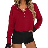 MAOECO Womens Cropped Sweatshirts Henley V Neck Long Sleeve Button Pullover Lightweight Casual Tops