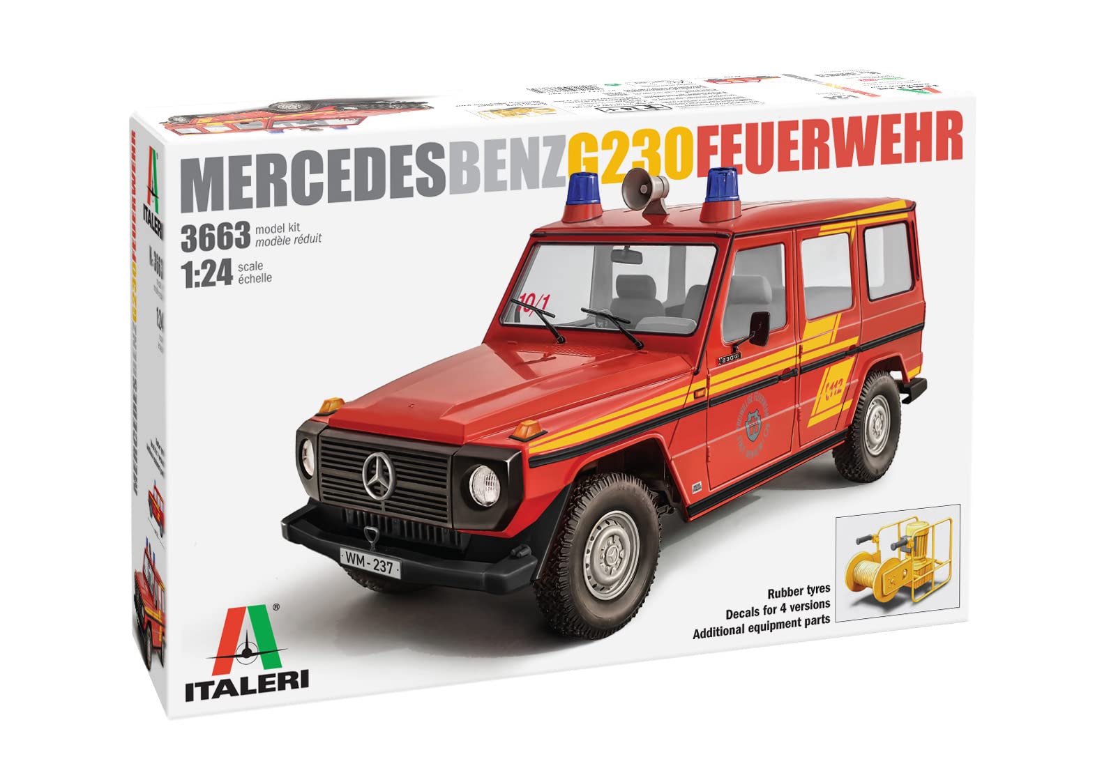 Italeri 3663 1:24 Mercedes-Benz G230 Fire Brigade Model Building Kit, Standing Model Building, Crafts, Hobby, Gluing, Plastic Kit, Detailed Multi-Coloured