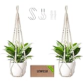 LEWESU Macrame Plant Hanger Indoor Set of 2 with 4 Hooks, Indoor Outdoor Hanging Planter for Plants Holder with Decorative Wo