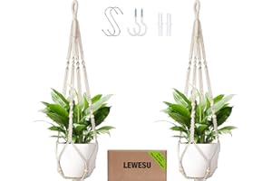 LEWESU Macrame Plant Hanger Indoor Set of 2 with 4 Hooks, Indoor Outdoor Hanging Planter for Plants Holder with Decorative Wood Beads & No Tassels, Boho Home Decor, 35 Inch Ivory (Pots Not Included)