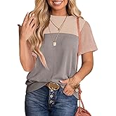 BLENCOT Women Tops Color Block Crewneck Casual Oversized Tshirts Knit Summer Tees Blouse S-2XL