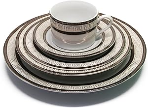 Royalty Porcelain 20-Piece Old-Fashioned White Dinnerware Set, Black Trim with Gold-plated Greek pattern, Service for 4