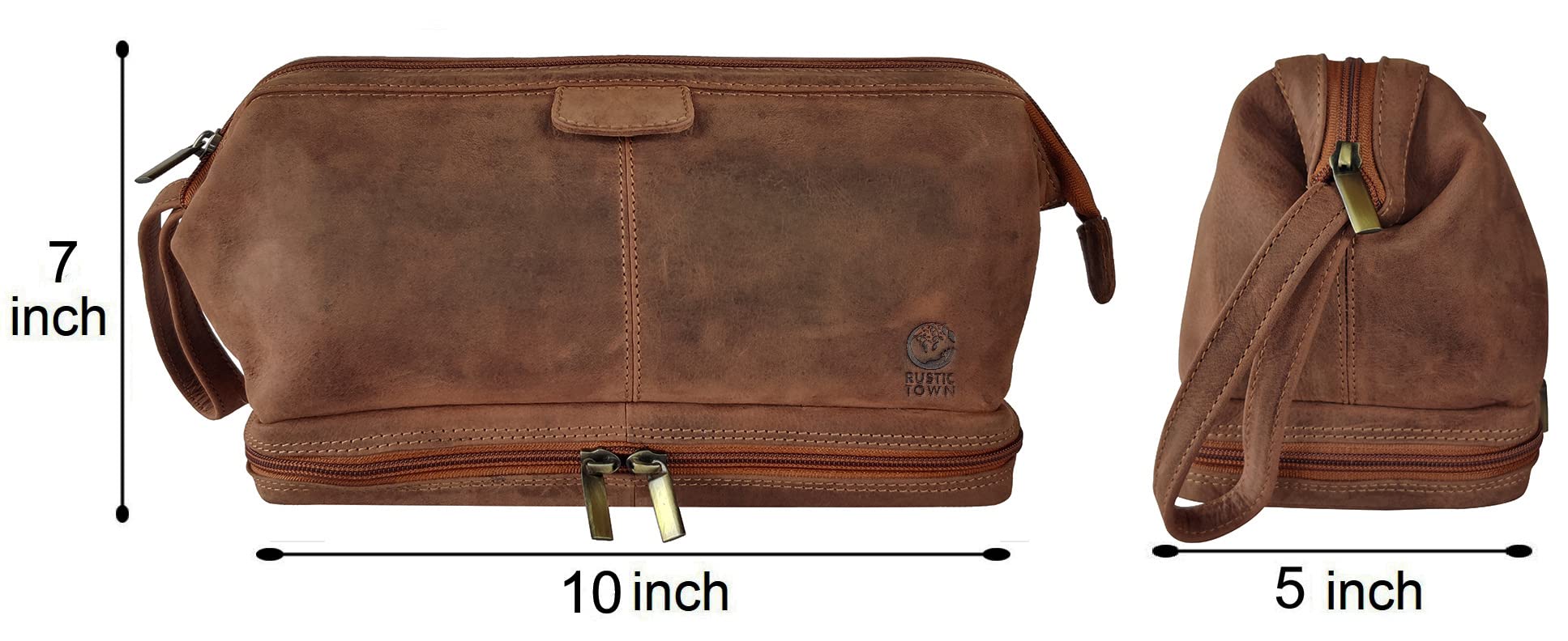 RUSTIC TOWN Leather Toiletry Bag for Men - Travel Gift Shaving Ditty Kit - Bathroom Shower Toiletries Organizer - Cosmetic Makeup Bag for Women