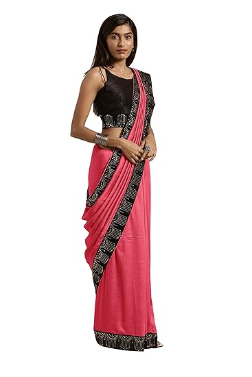 Womens Vichitra Silk Embellish Border Lace Work Partywear Saree With Blouse Piece