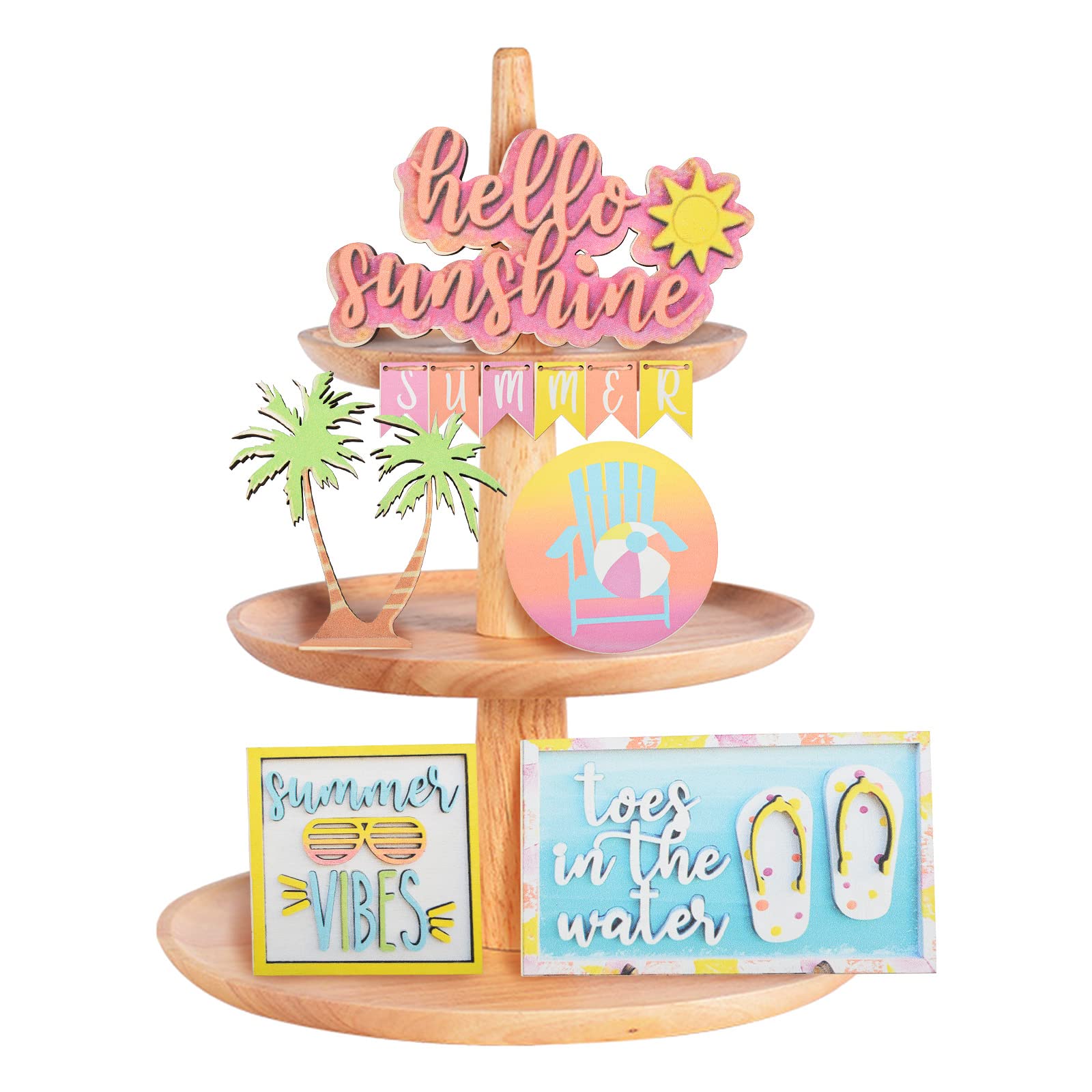 URROMA Mini Summer Wooden Sign Set, 12pcs Rustic Tiered Tray Decor, Multi-colored, Summer & Beach Theme, Tabletop