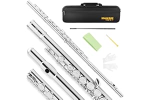 SONICAKE Nickel-plated C Flutes, Closed Hole 16Keys Flute for Beginner Student, Flute Instrument with Cleaning Kit, Carrying Case, Gloves, Tuning Rod, QFL-01