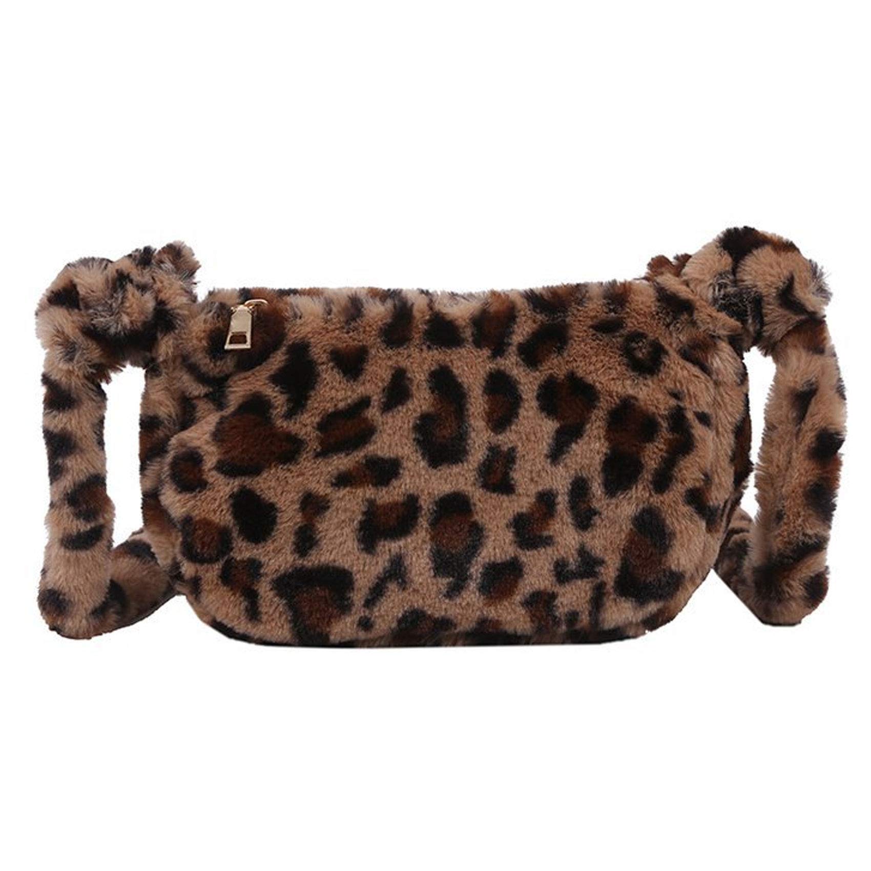 BestTas Furry Leopard Print Shoulder Bag, Women Plush Faux Fur Clutch Handbag Leopard Print Tote Shoulder Bag Metal Chain Crossbody Purse (Coffee Small)