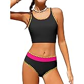 NECIOUS Girls Swimsuit Two Piece High Waist Sporty Bikini Sets Color Block Bathing Suit with Chest Pad Girls' Swimwear 9-16Y