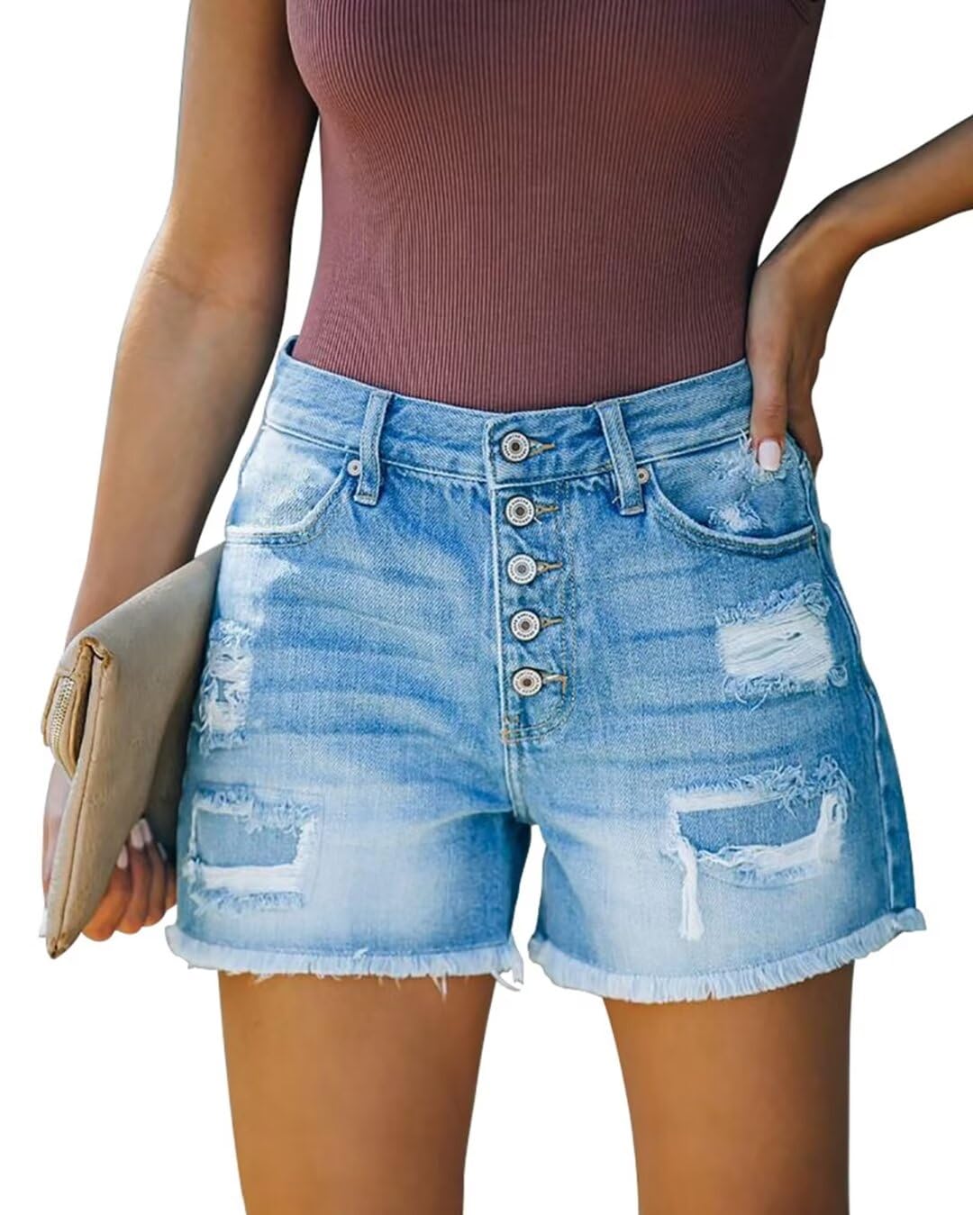 Photo 1 of  Women Jean Shorts Stretchy Mid Waisted Shorts Distressed Ripped Frayed Raw Hem Denim Shorts Light Blue XXL