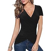 Afibi Women Deep V Neck Low Cut Long Sleeve Slim Shirt Tee Top Blouse