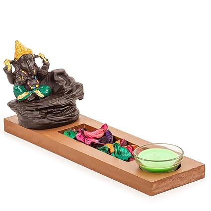 Next Handcrafted Lord Ganesha Smoke Backflow Cone Incense Holder with 10 Incense Cones and Wooden Tray with Artificial Flower and Votive Candle Decorative Showpiece (Green)