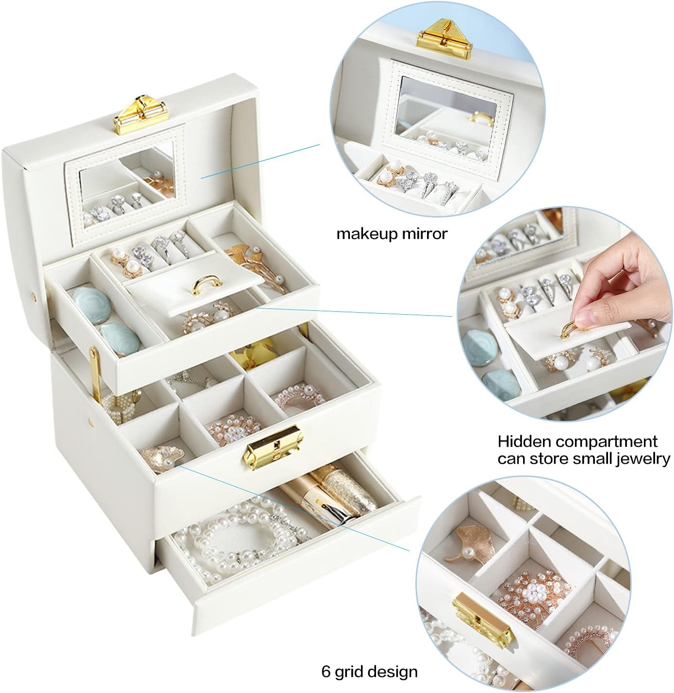 Women Jewelry Boxes, 3 Layer Jewelry Organizer Box with Lock,Jewelry Storage Case for Rings, Bracelets, Earrings, Necklaces, Velvet Lining, Gift, White: Home Improvement