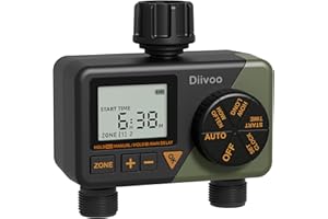 Diivoo Sprinkler Timer 2 Zone, Programmable Water Hose Timer 2 Outlet for Garden, Automatic Irrigation Timer IP54 with Rain Delay/Manual/Auto Mode, Outdoor Hose Timer Controller for Lawn, Pool, Yard