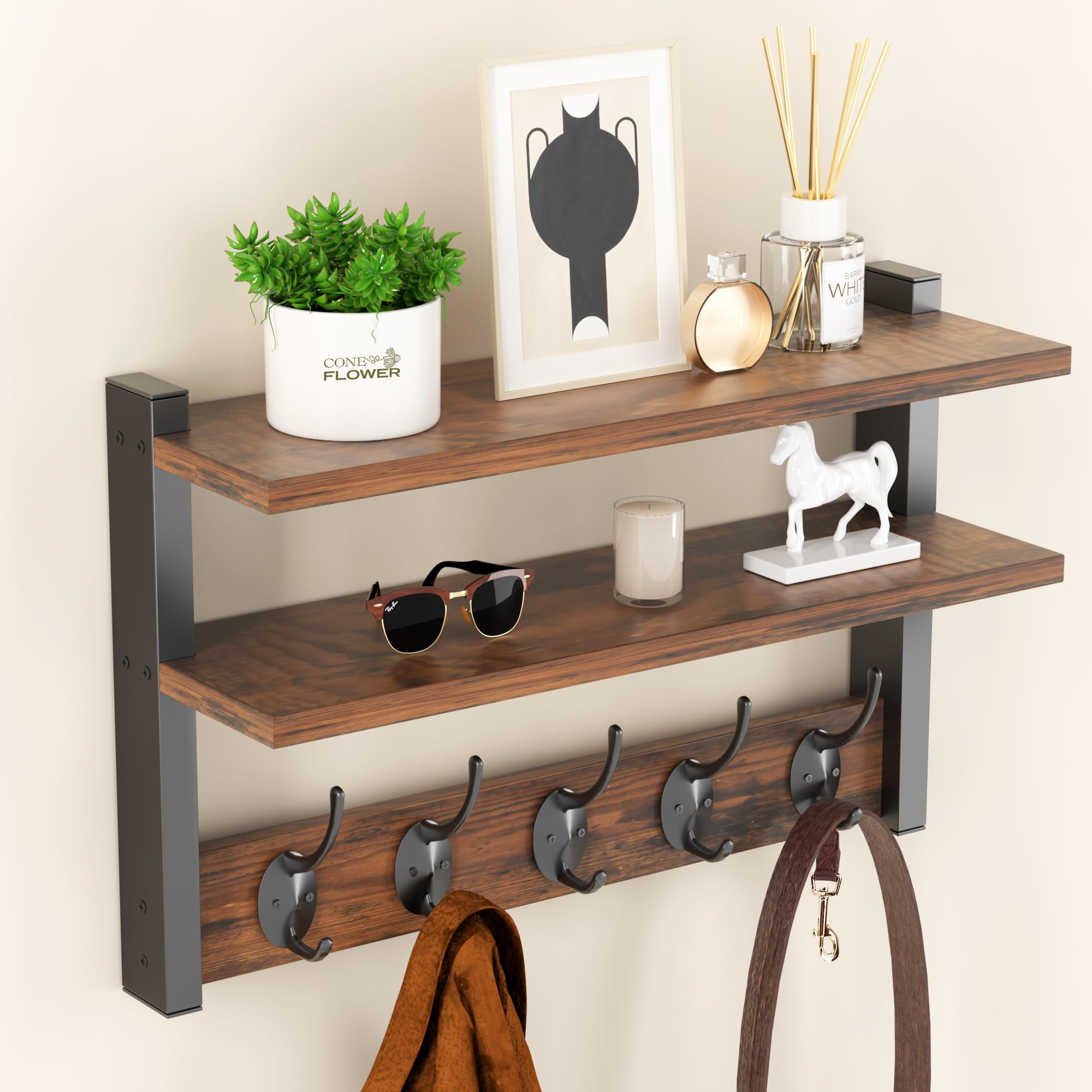 Photo 1 of Orapoke Two-Tier Wall Shelf with Hooks,17" Coat Rack Wall Mount with Shelf,Key Hooks for Wall with Shelf,Coat Hooks Wall Mounted with Five Heavy Duty Double Hooks for Bedroom,Living Room,Rustic Brown