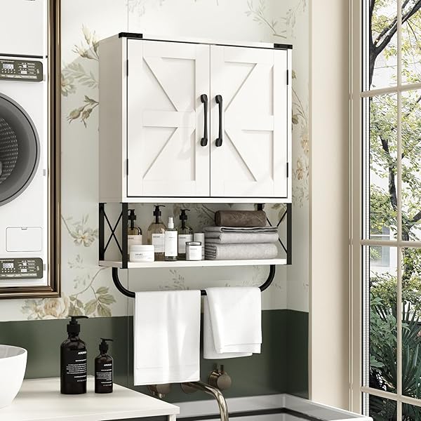 RUSTOWN FARMHOUSE MEDICINE CABINET WITH 2 BARN DOOR, WOOD WALL MOUNTED STORAGE CABINET WITH ADJUSTABLE SHELF AND TOWEL BAR, 3-TIER BATHROOM CABINET FOR BATHROOM, LIVING ROOM(VINTAGE WHITE, MEDIUM)