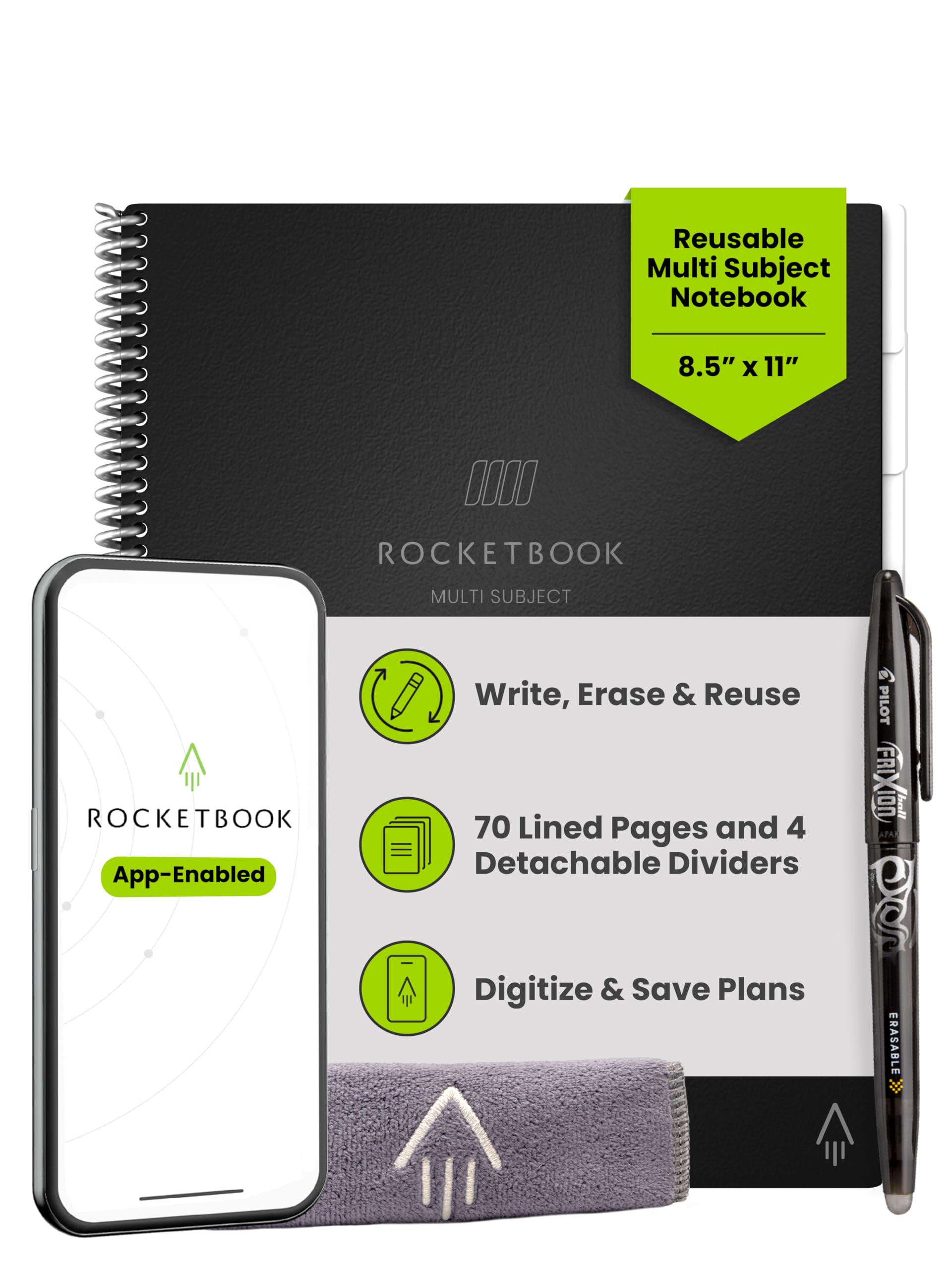 ROCKETBOOK Multi-Subject Smart Scannable Notebook with Dividers | Lined Reusable Notebook with 1 Pilot Frixion Pen & 1 Microfiber Cloth | Infinity Black, Letter Size (8.5" x 11")