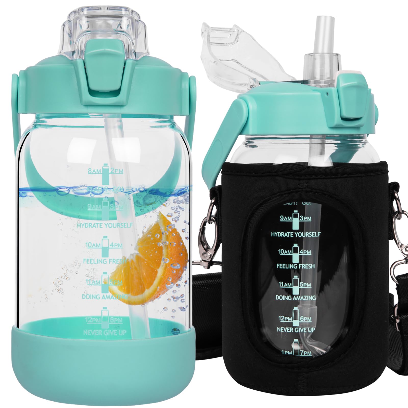 Seekua 1l Glass Water Bottle with Straw & Motivational Time Markings 1 litre Large Leakproof Gym Drinking Bottle