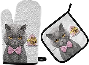 Funny Cat with Spoon Oven Gloves and Potholder , Heat-Resistant Oven Gloves, for Grilling, Cooking, Baking, Kitchen(2 Piece Set)