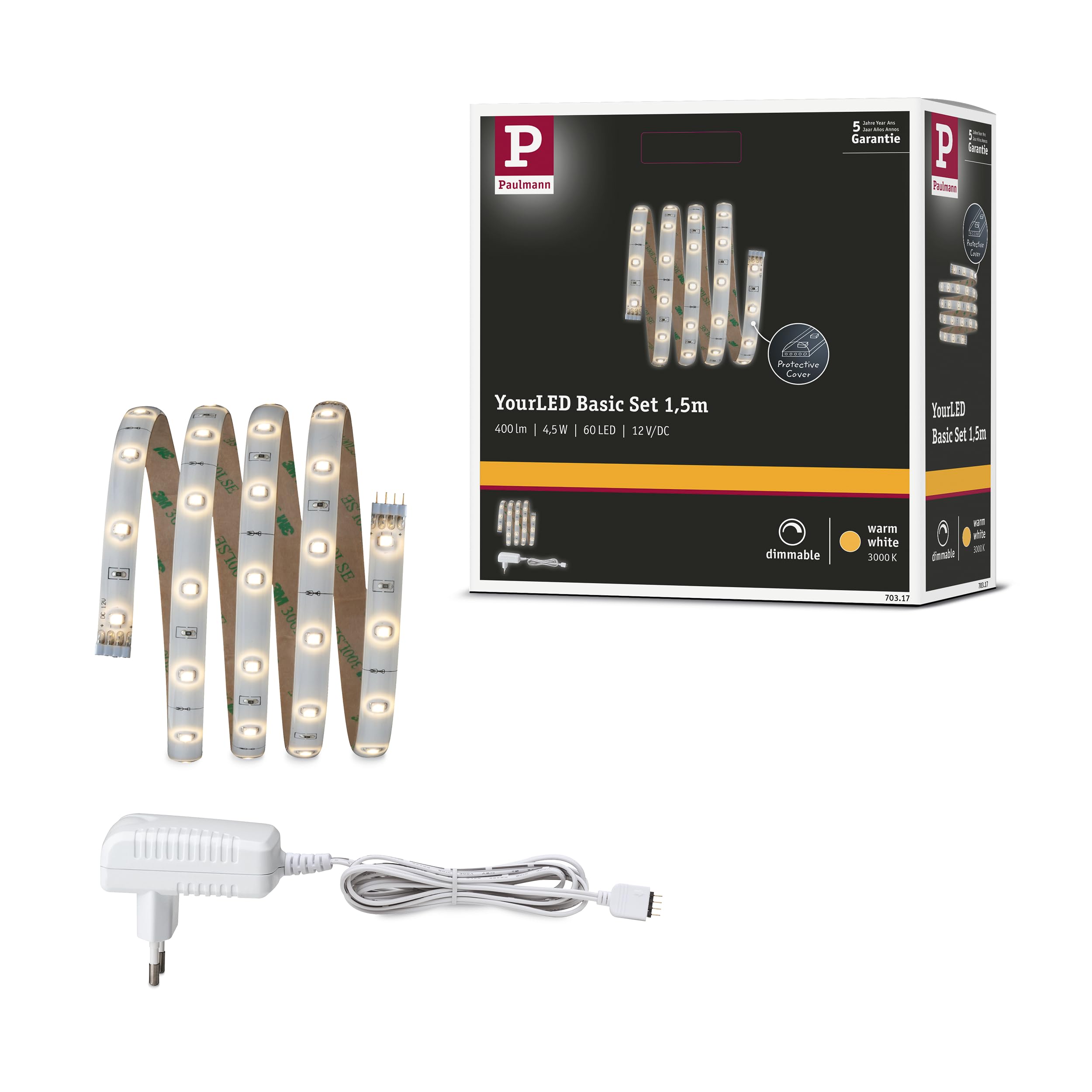 Paulmann 70317 Function YourLED Basic Set 1.5 m Warm White 4.5 W 230/12 V Low Voltage 12 V Low Voltage White Plastic Strip Light Strip Light Tube