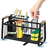 Black Sponge Holder with Wooden Handle & Self-Draining Tray, Kitchen Sponge Holder, Kitchen Sink Caddy Organizer, Kitchen Sink Sponge Rack, Sink Countertop Organizer for Sponge, Soap Dispenser Storage
