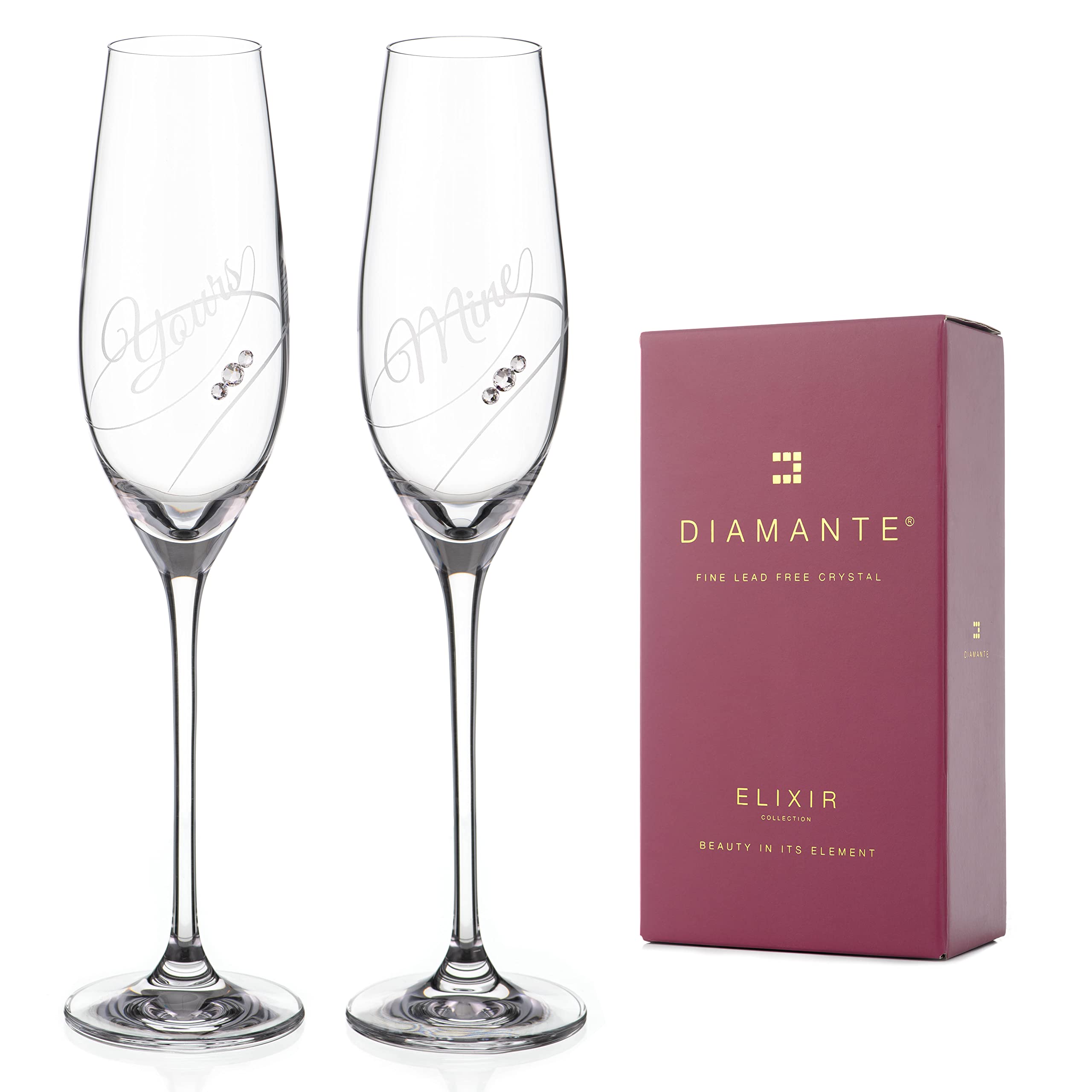 Diamante Set of 2 Crystal Champagne Flutes Prosecco Glasses - Yours & Mine - Pair in Gift Box