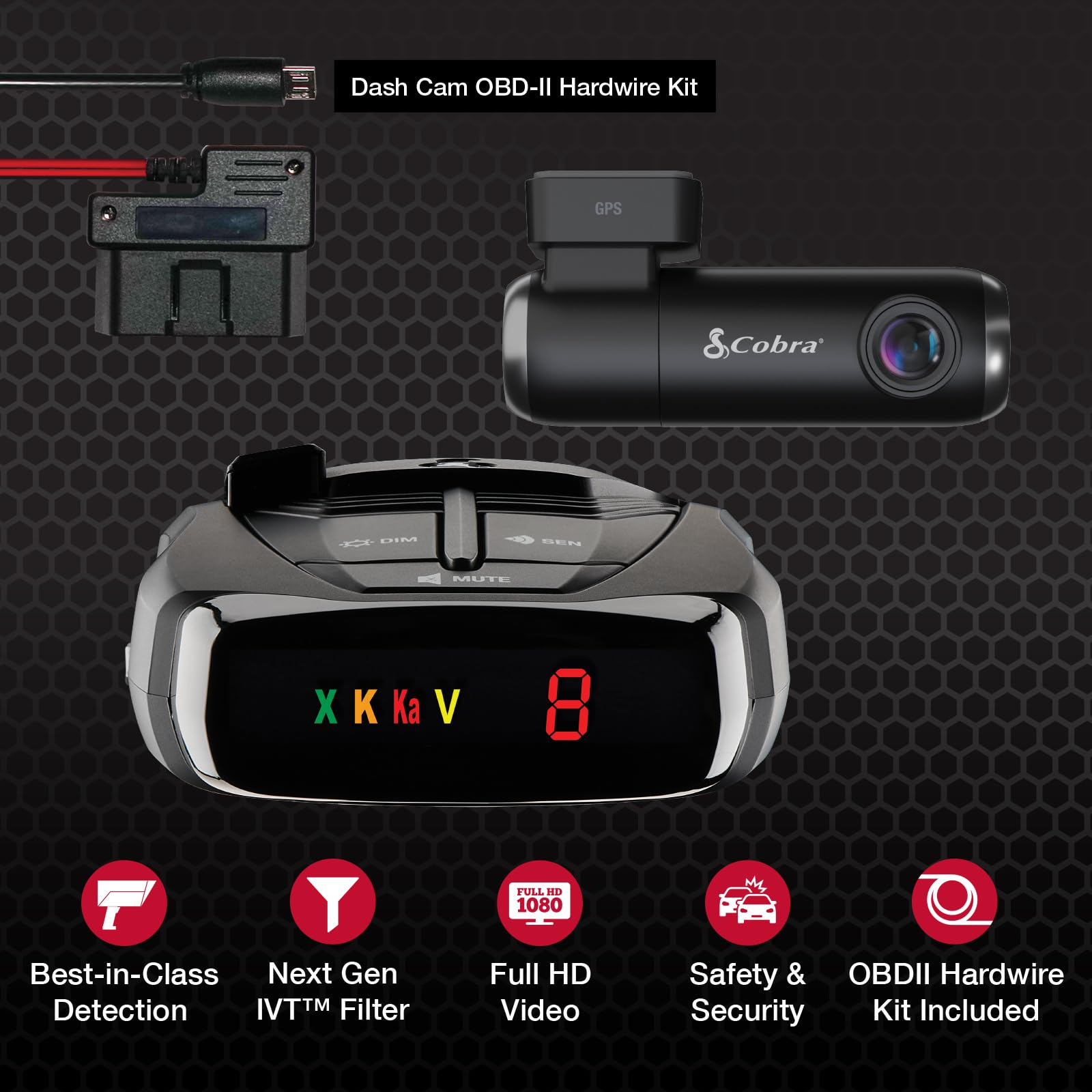 Cobra RAD 380 Laser Radar Detector & SC100 Smart Dash Cam + 2.5A OBD Port to Micro USB Hardwire Kit: Long Range Front and Rear Detection, DSP, Full HD 1080P Resolution, Built-in WiFi & GPS