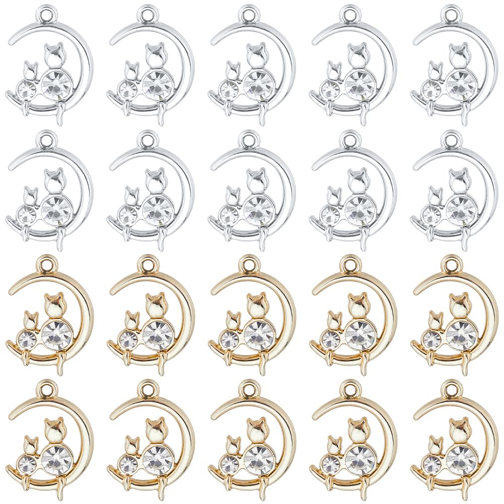 SUNNYCLUE 1 Box 36Pcs Cat on Moon Charm Silver Crescent Moon Charms Bulk Cute Kitty with Rhinestone Alloy Gold Half Moon Cat Charms for Jewelry Making Charms Necklace Bracelet Earrings Crafts Women