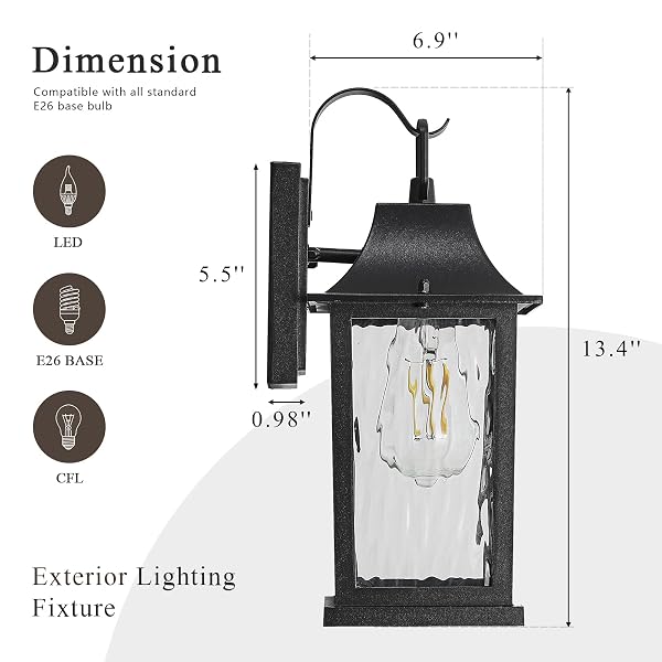JAFINOU 2-PACK 13” MATTE BLACK OUTDOOR WALL SCONCE, RUSTPROOF ALUMINUM PORCH LIGHT WITH WATER PATTERN GLASS, EXTERIOR LIGHTING FOR PATIO HOUSE GARAGE