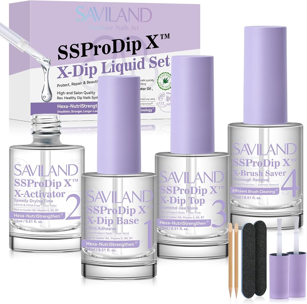 Saviland Dip Powder Liquid Set 15ml Base Top Activator Brush Saver Castor Oil