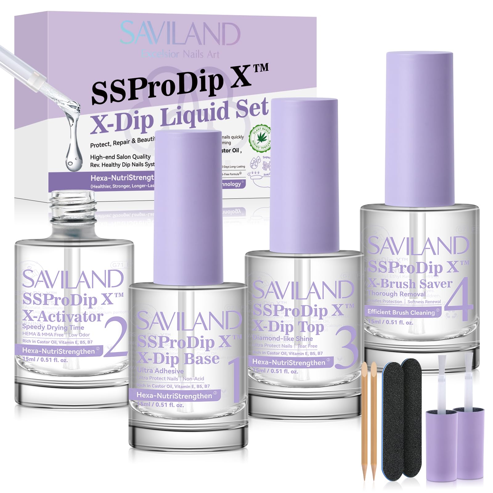 SAVILAND Dip Powder Liquid Set: 15ml Nail Kit With Base Top Activator, Brush Saver, Castor Oil, VE, VB5, VB7 for DIY Salon Art